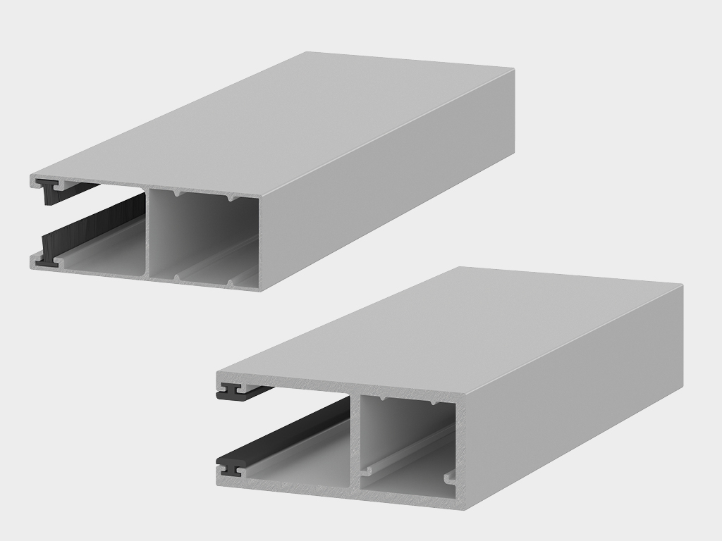 Yo‘naltiruvchi profil to‘plami yengil ushlagich bilan. Standart va kuchaytirilgan yo‘naltiruvchi profillarni keng tanlovi rolet tizimlarini har qanday o‘lchamdagi ochishlarga o‘rnatish imkonini beradi, shamol yuklari va o‘g‘irlikka qarshi mustahkamlik talablarini hisobga olgan holda.